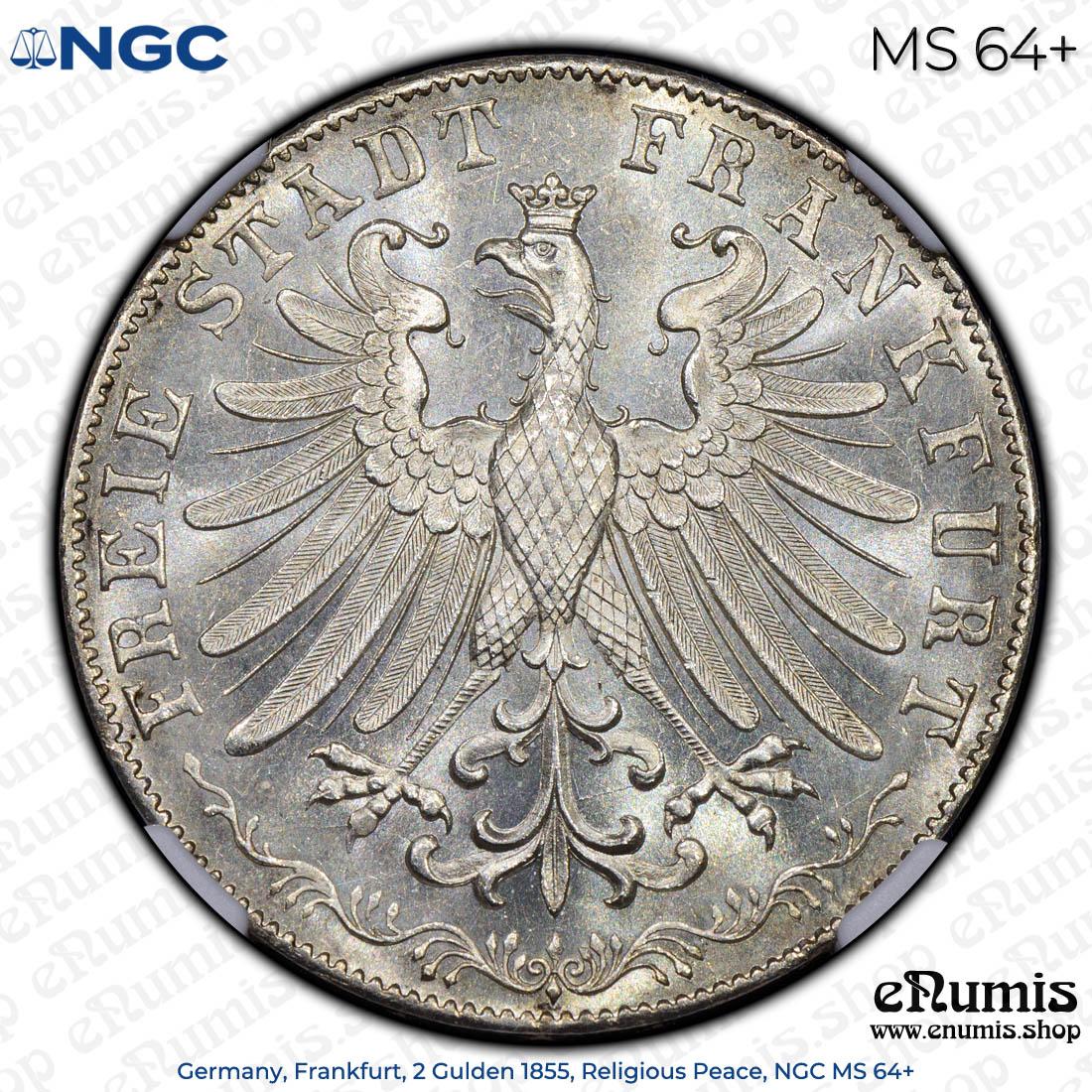 Germany, Frankfurt, 2 Gulden 1855, Religious Peace, NGC MS 64+
