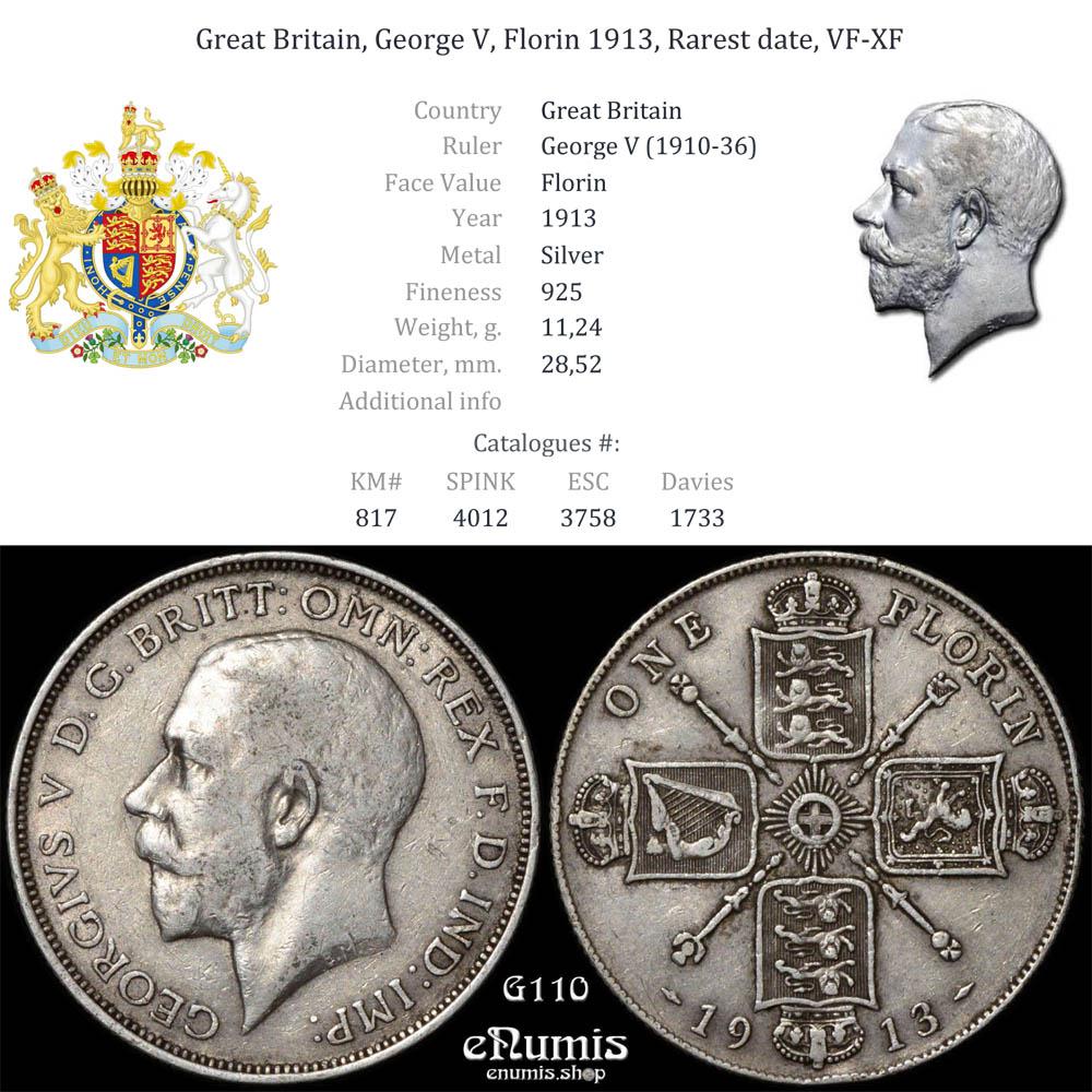 Great Britain, George V, Florin 1913, Rarest date, VF-XF Great Britain, George V, Florin 1913, Rarest date, VF-XF