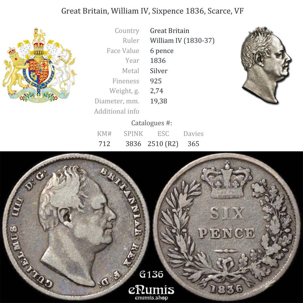 Great Britain, William IV, Sixpence 1836, Scarce, VF