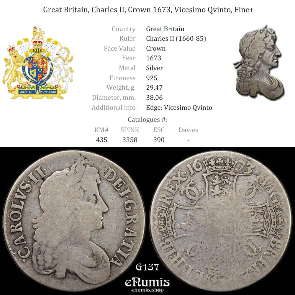 Great Britain, Charles II, Crown 1673, Vicesimo Qvinto, Fine+