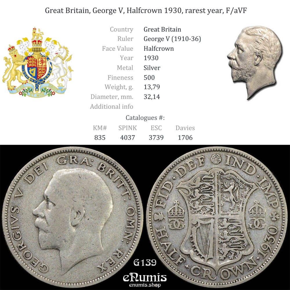 Great Britain, George V, Halfcrown 1930, rarest year, F/aVF