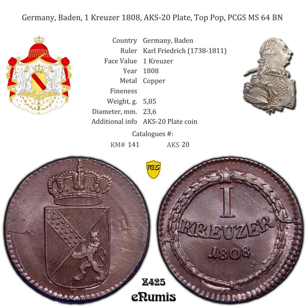 Germany, Baden, 1 Kreuzer 1808, AKS-20 Plate, Top Pop, PCGS MS 64 BN