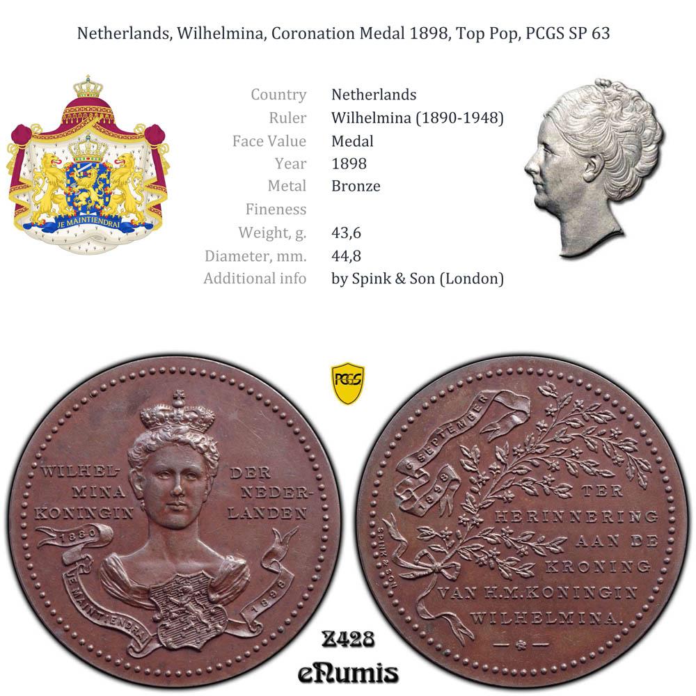Netherlands, Wilhelmina, Coronation Medal 1898, Top Pop, PCGS SP 63 Netherlands, Wilhelmina, Coronation Medal 1898, Top Pop, PCGS SP 63