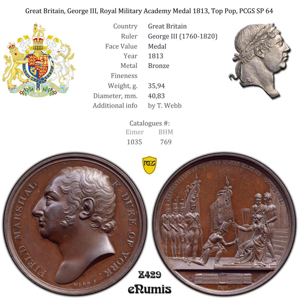 Great Britain, George III, Royal Military Academy Medal 1813, Top Pop, PCGS SP 64