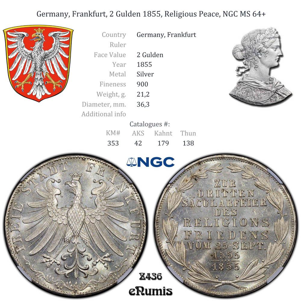 Germany, Frankfurt, 2 Gulden 1855, Religious Peace, NGC MS 64+
