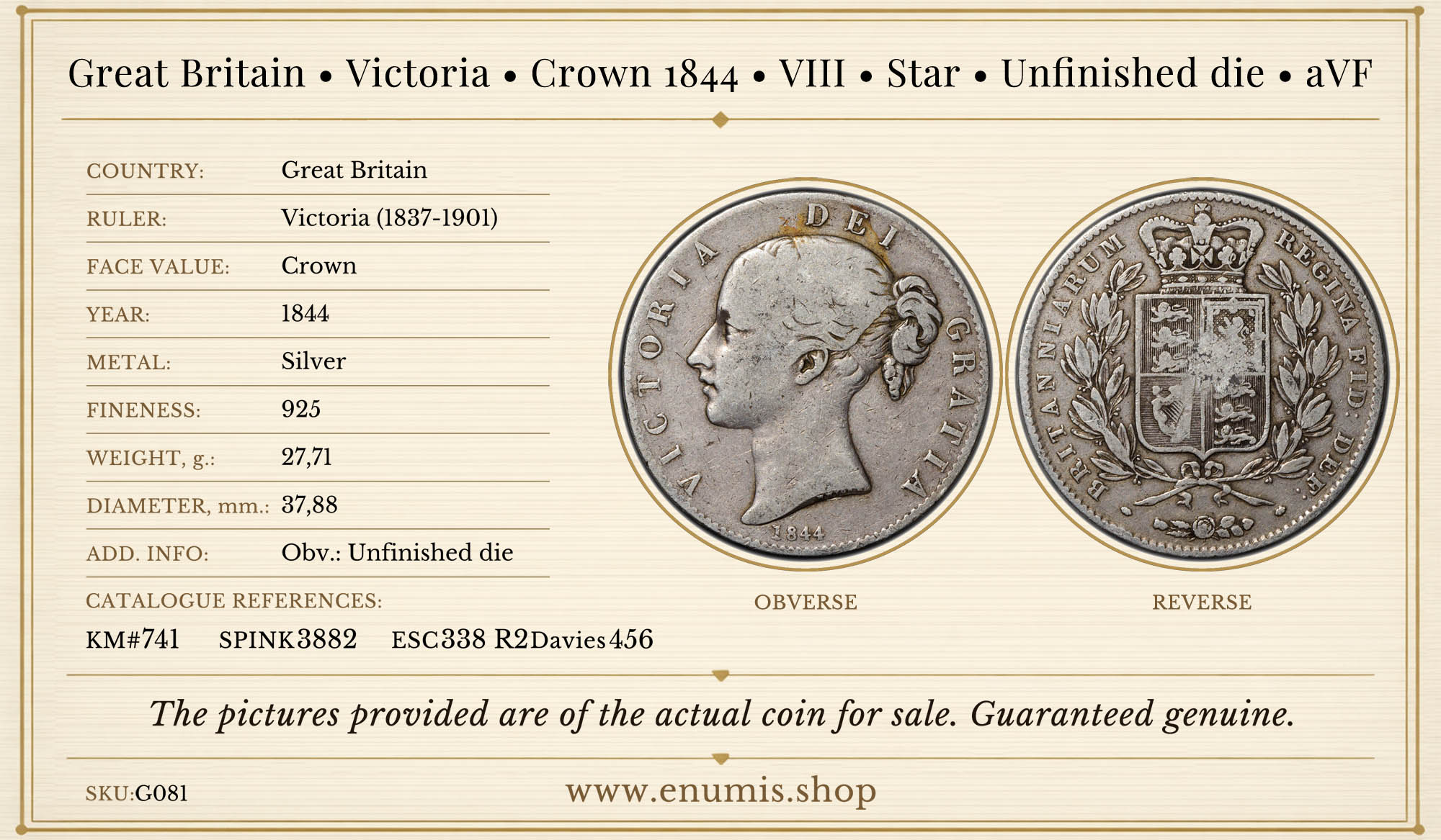 Great Britain, Victoria, Crown 1844, VIII, Star, Unfinished die, aVF