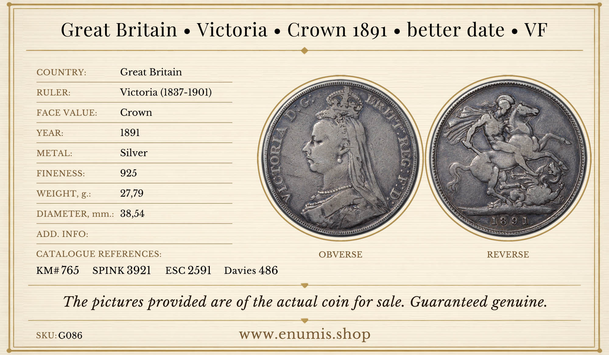Great Britain, Victoria, Crown 1891, better date, VF