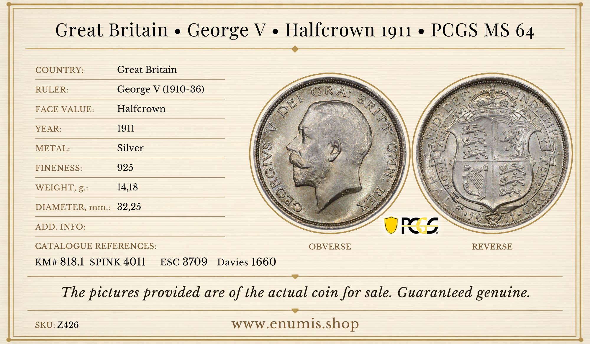 Great Britain, George V, Halfcrown 1911, PCGS MS 64 Great Britain, George V, Halfcrown 1911, PCGS MS 64