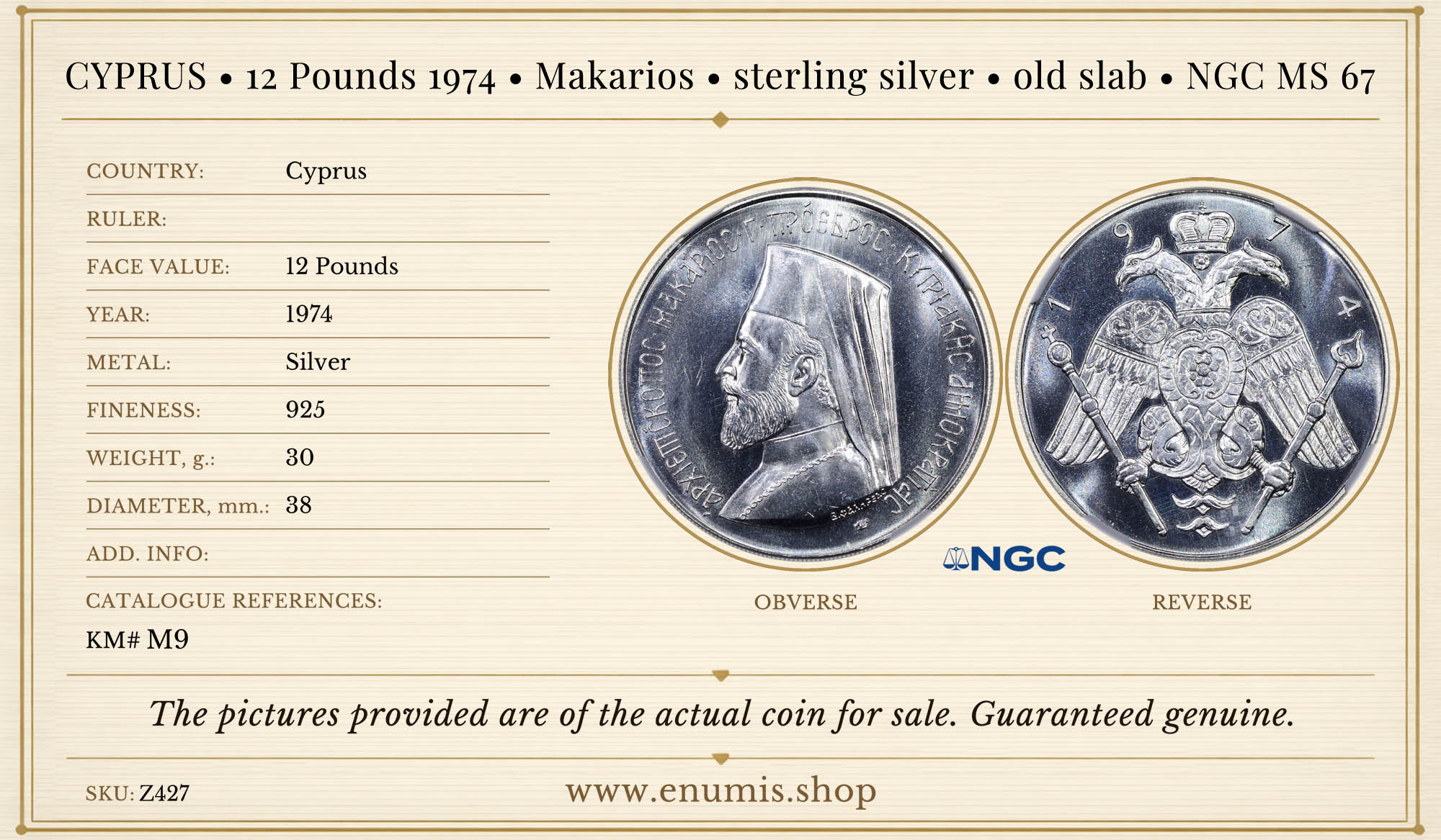 CYPRUS, 12 Pounds 1974, Makarios, sterling silver, old slab, NGC MS 67