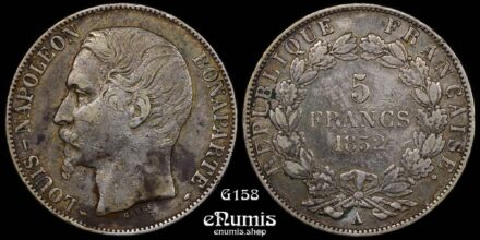 FRANCE, Second Republic, Louis Napoleon, 5 Francs 1852 A, variety, VF+