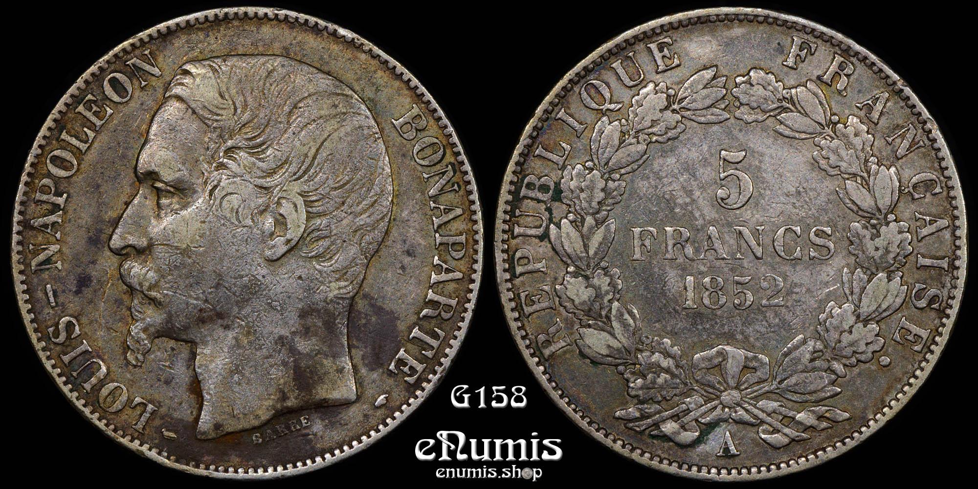 FRANCE, Second Republic, Louis Napoleon, 5 Francs 1852 A, variety, VF+