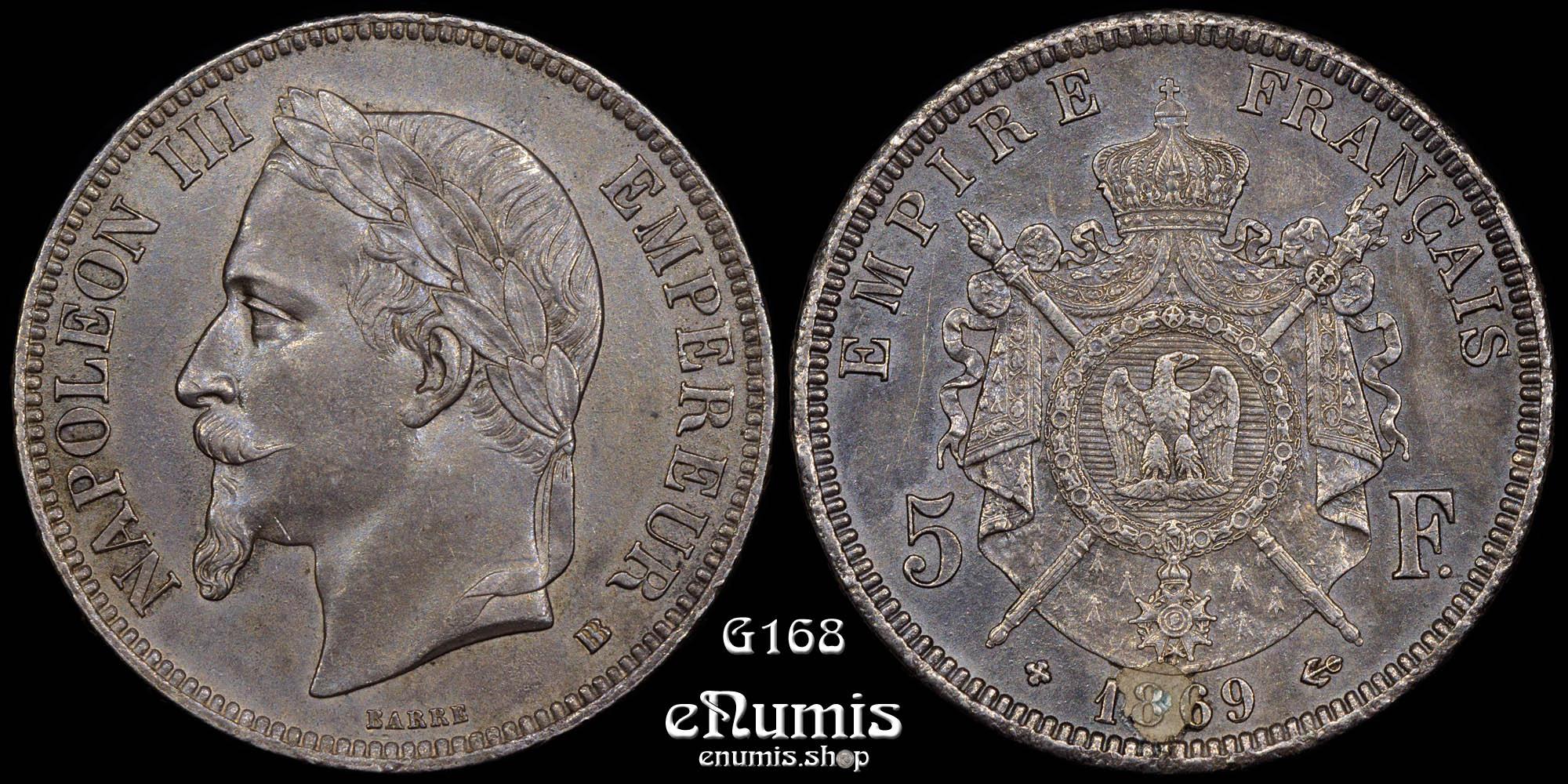 FRANCE, Napoleon III, 5 Francs 1869 BB, Strasbourg, UNC
