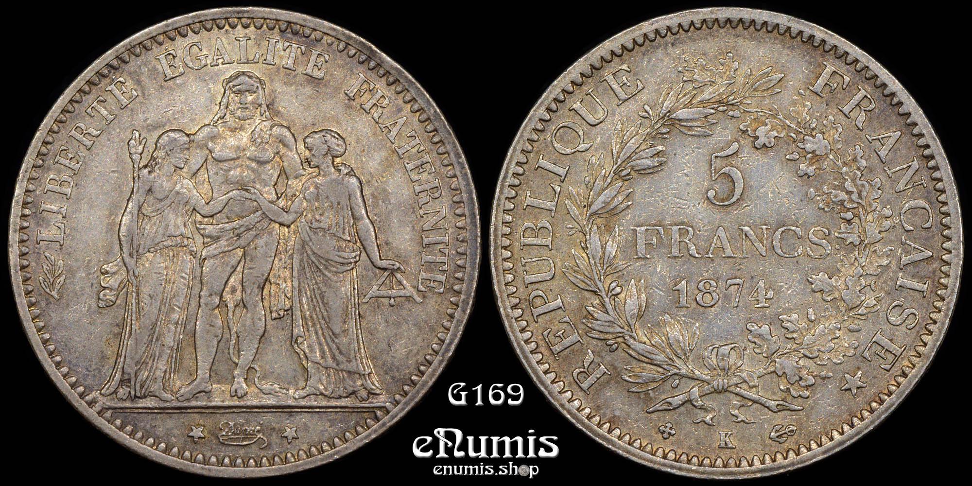 FRANCE, Third Republic, 5 Francs 1874 K, Bordeaux, XF+