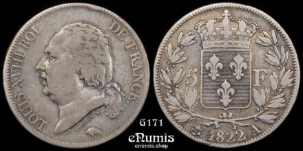 FRANCE, Louis XVIII, 5 Francs 1822 A, Paris, VF