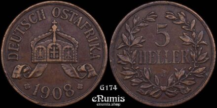 German East Africa, Wilhelm II, 5 Heller 1908 J, VF+