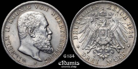 Germany, Wurttemberg, Wilhelm II, 3 Mark 1914, XF-UNC
