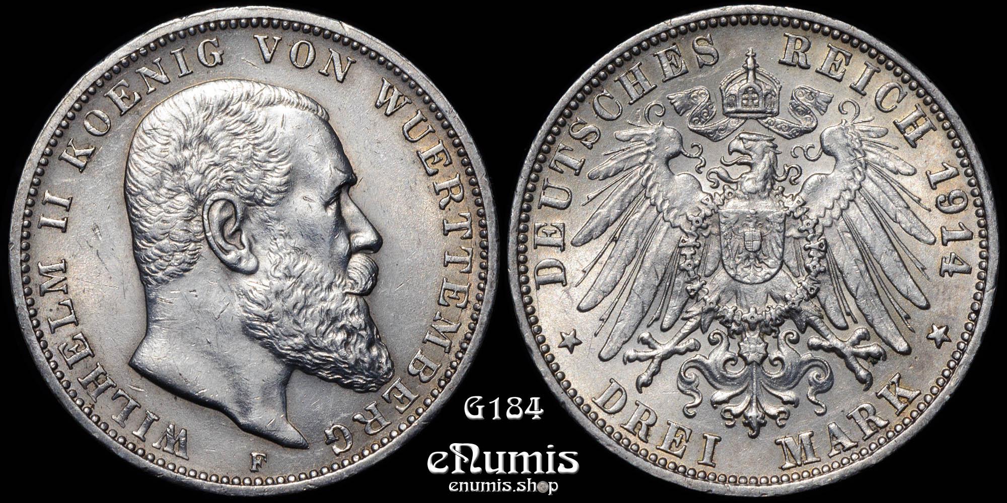 Germany, Wurttemberg, Wilhelm II, 3 Mark 1914, XF-UNC