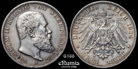 Germany, Wurttemberg, Wilhelm II, 3 Mark 1914, aXF/XF+