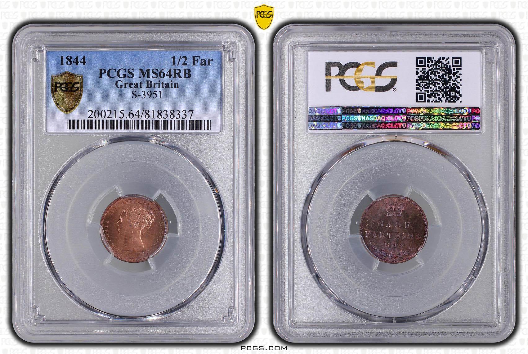 Great Britain, Victoria, 1/2 Farthing 1844, PCGS MS 64 RB