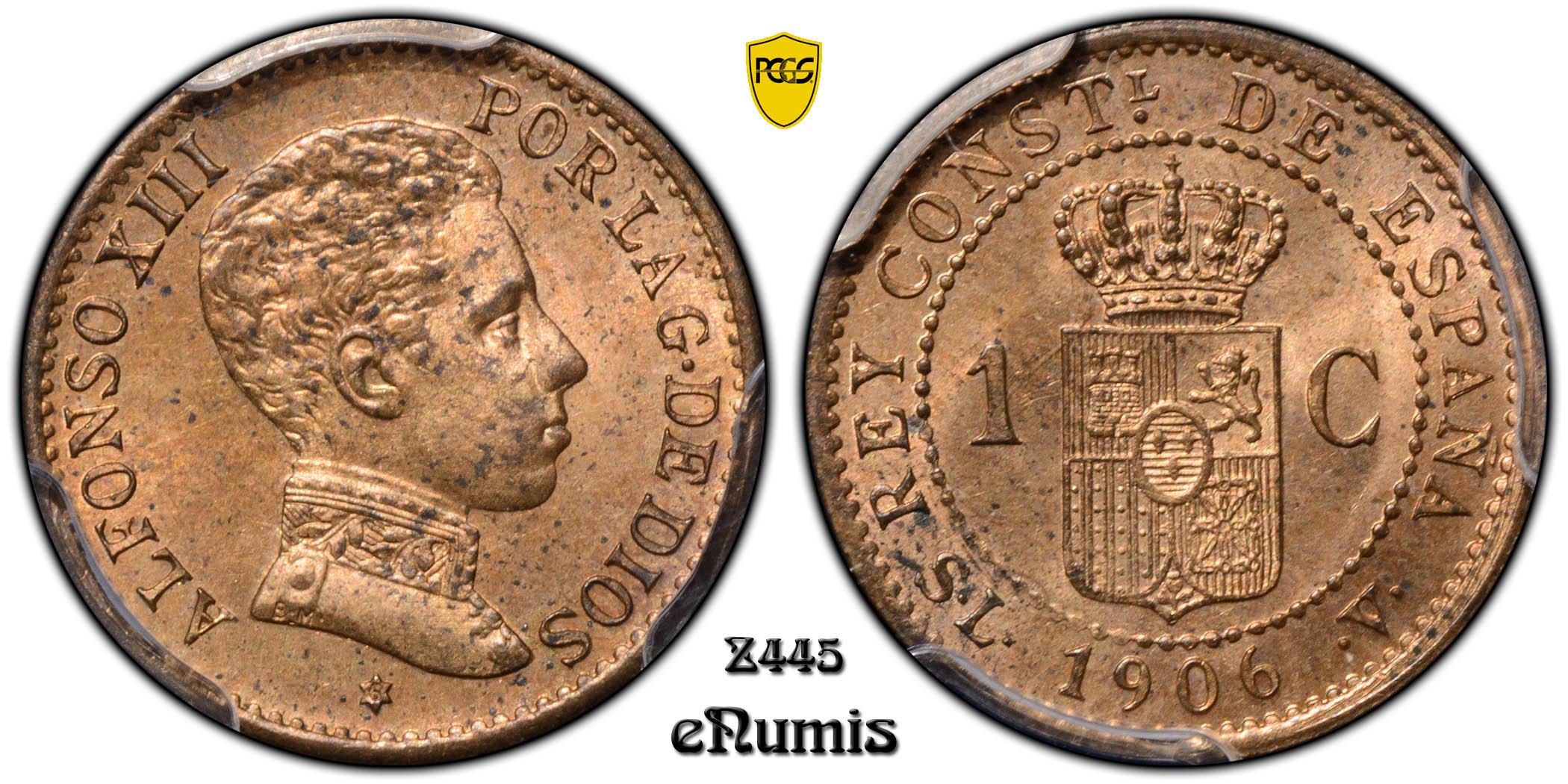 SPAIN, Alfonso XIII, 1 Centimo 1906 SL-V, PCGS MS 64 RB SPAIN, Alfonso XIII, 1 Centimo 1906 SL-V, PCGS MS 64 RB
