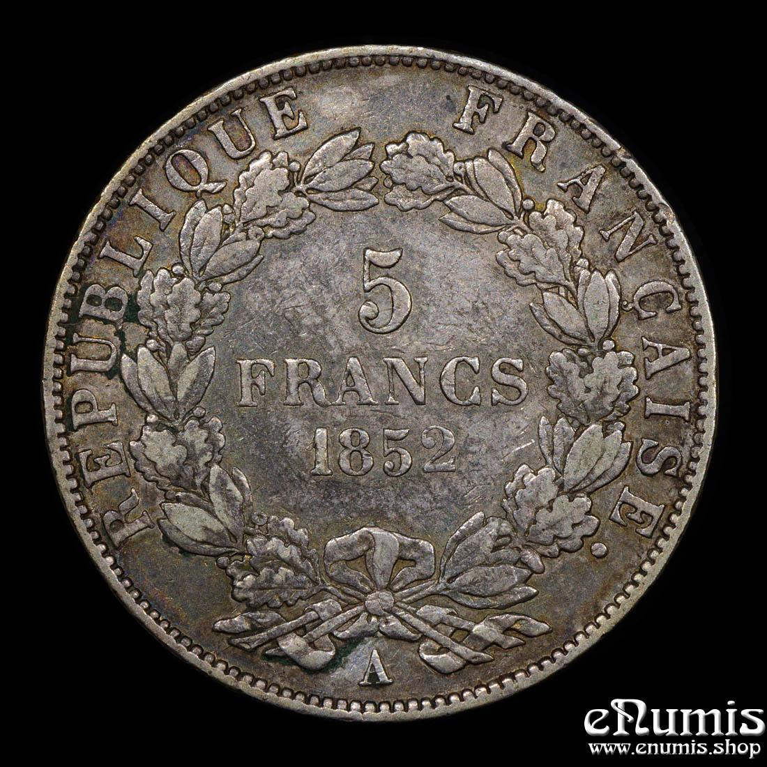 FRANCE, Second Republic, Louis Napoleon, 5 Francs 1852 A, variety, VF+