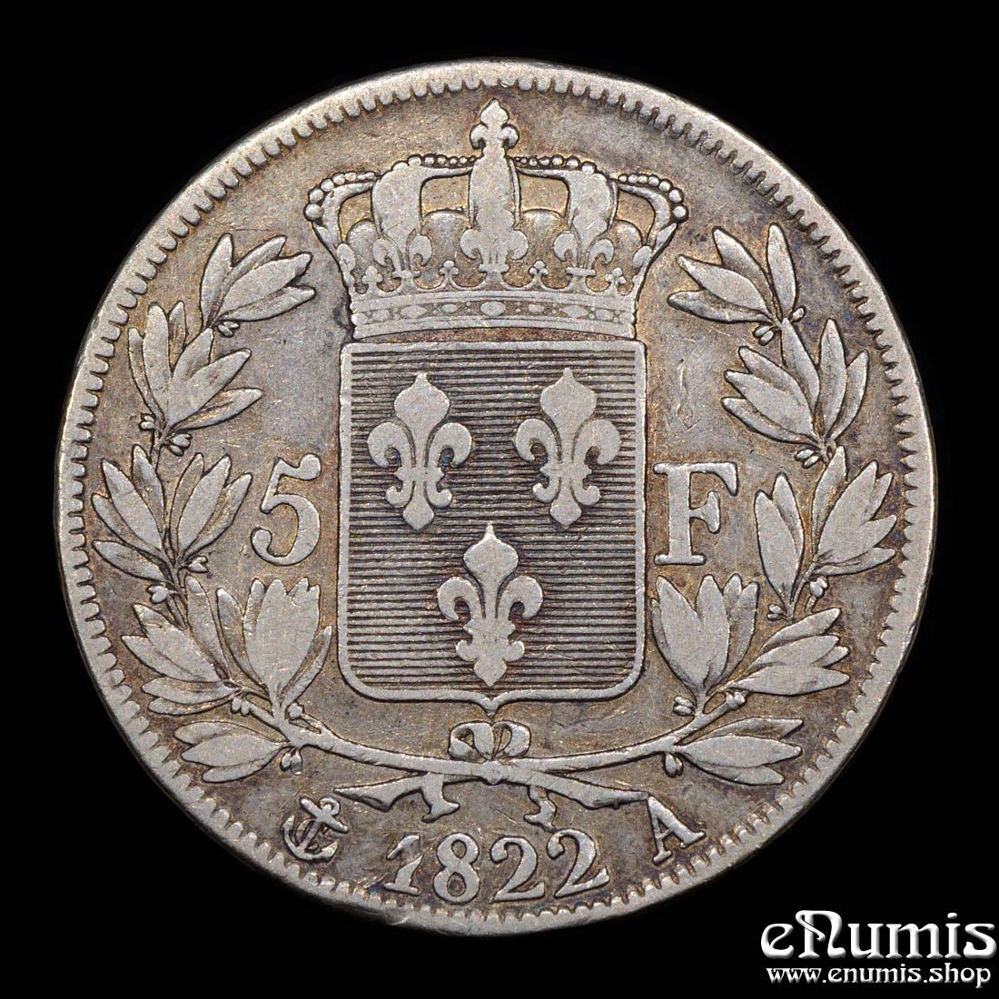 FRANCE, Louis XVIII, 5 Francs 1822 A, Paris, VF FRANCE, Louis XVIII, 5 Francs 1822 A, Paris, VF