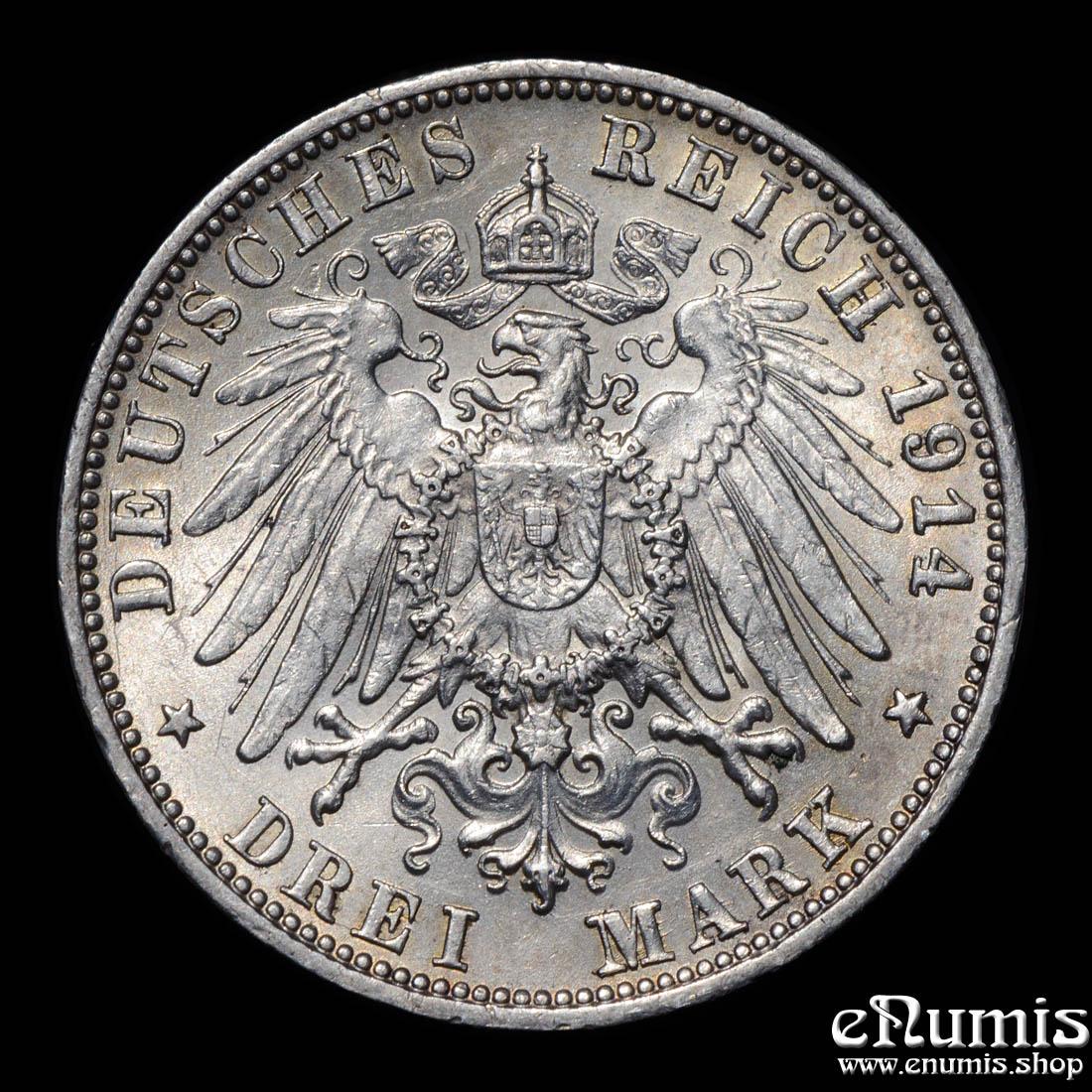 Germany, Wurttemberg, Wilhelm II, 3 Mark 1914, XF-UNC