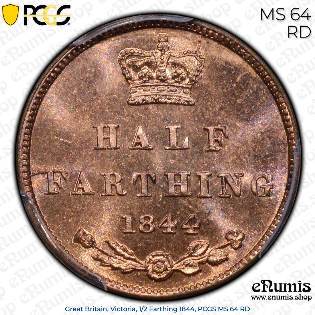 Great Britain, Victoria, 1/2 Farthing 1844, variety, PCGS MS 64 RD