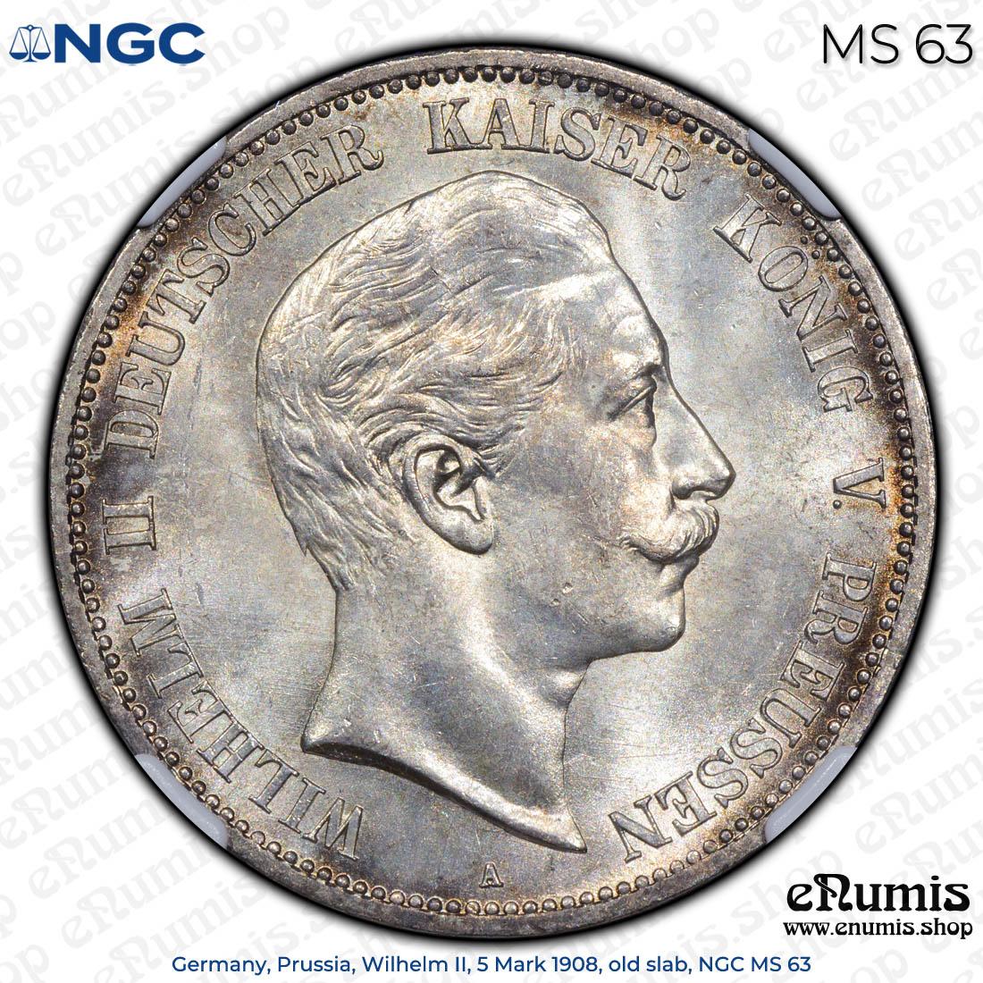 Germany, Prussia, Wilhelm II, 5 Mark 1908, old slab, NGC MS 63