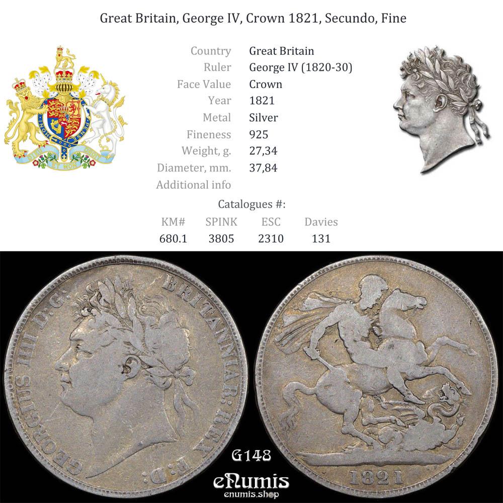 Great Britain, George IV, Crown 1821, Secundo, Fine