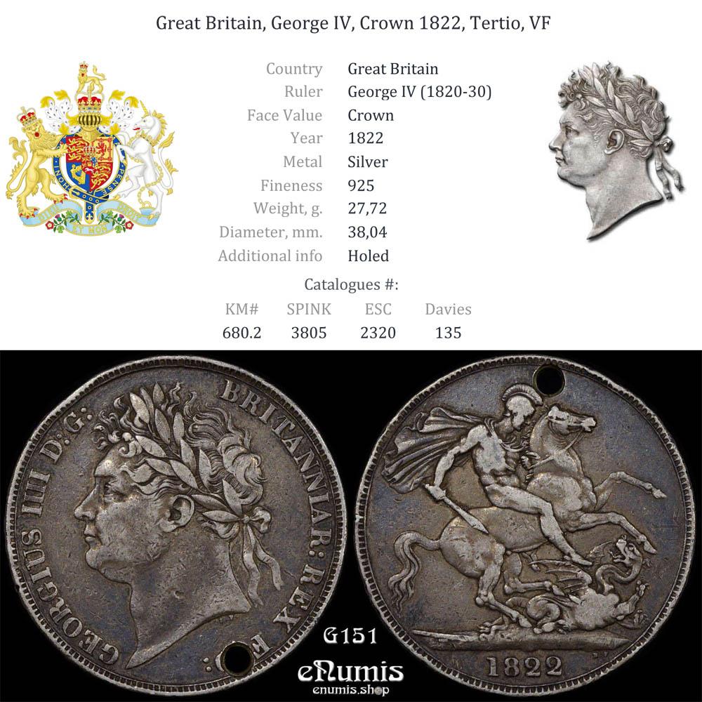 Great Britain, George IV, Crown 1822, Tertio, VF Great Britain, George IV, Crown 1822, Tertio, VF