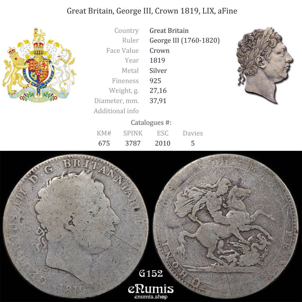 Great Britain, George III, Crown 1819, LIX, aFine