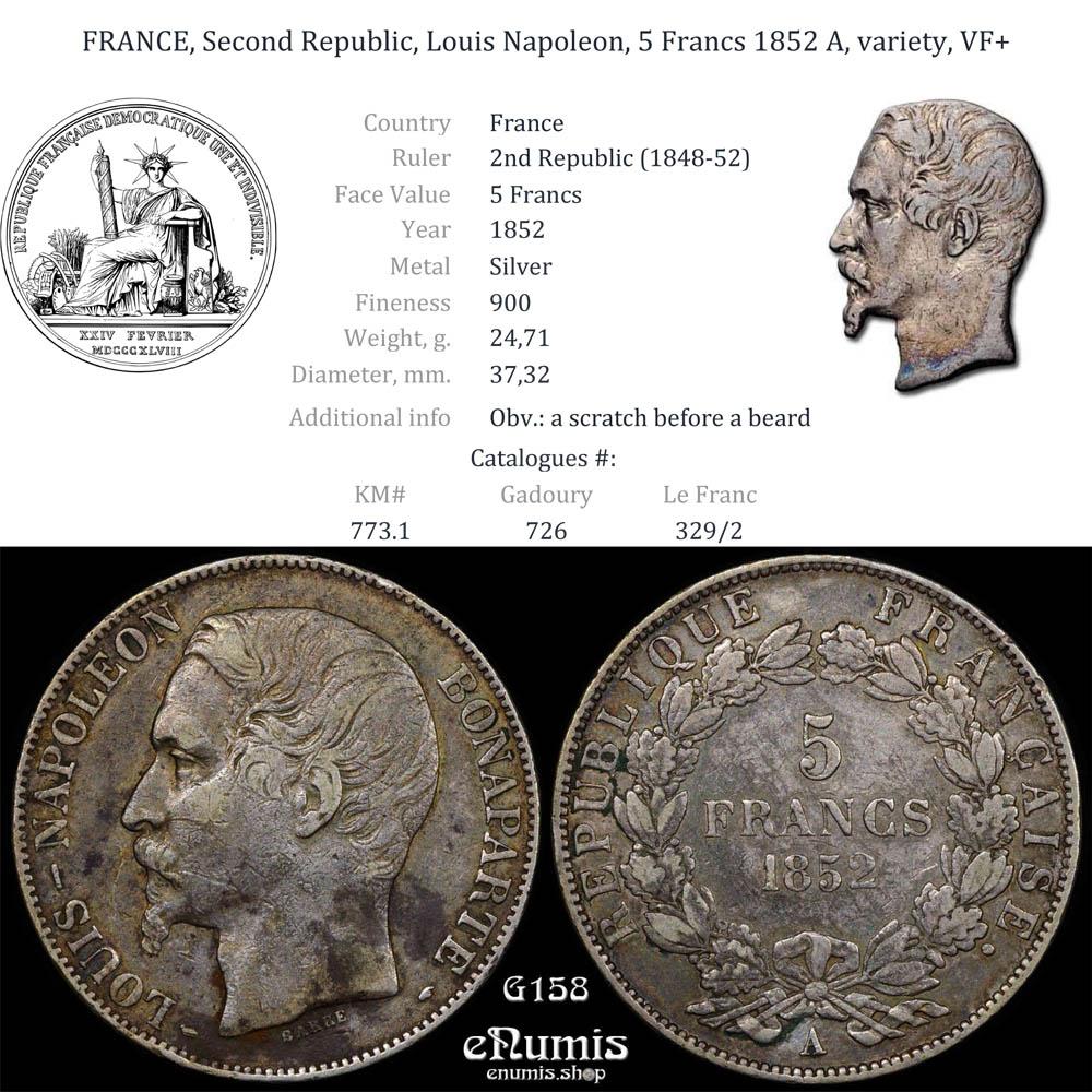 FRANCE, Second Republic, Louis Napoleon, 5 Francs 1852 A, variety, VF+