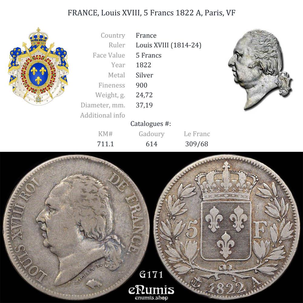 FRANCE, Louis XVIII, 5 Francs 1822 A, Paris, VF FRANCE, Louis XVIII, 5 Francs 1822 A, Paris, VF