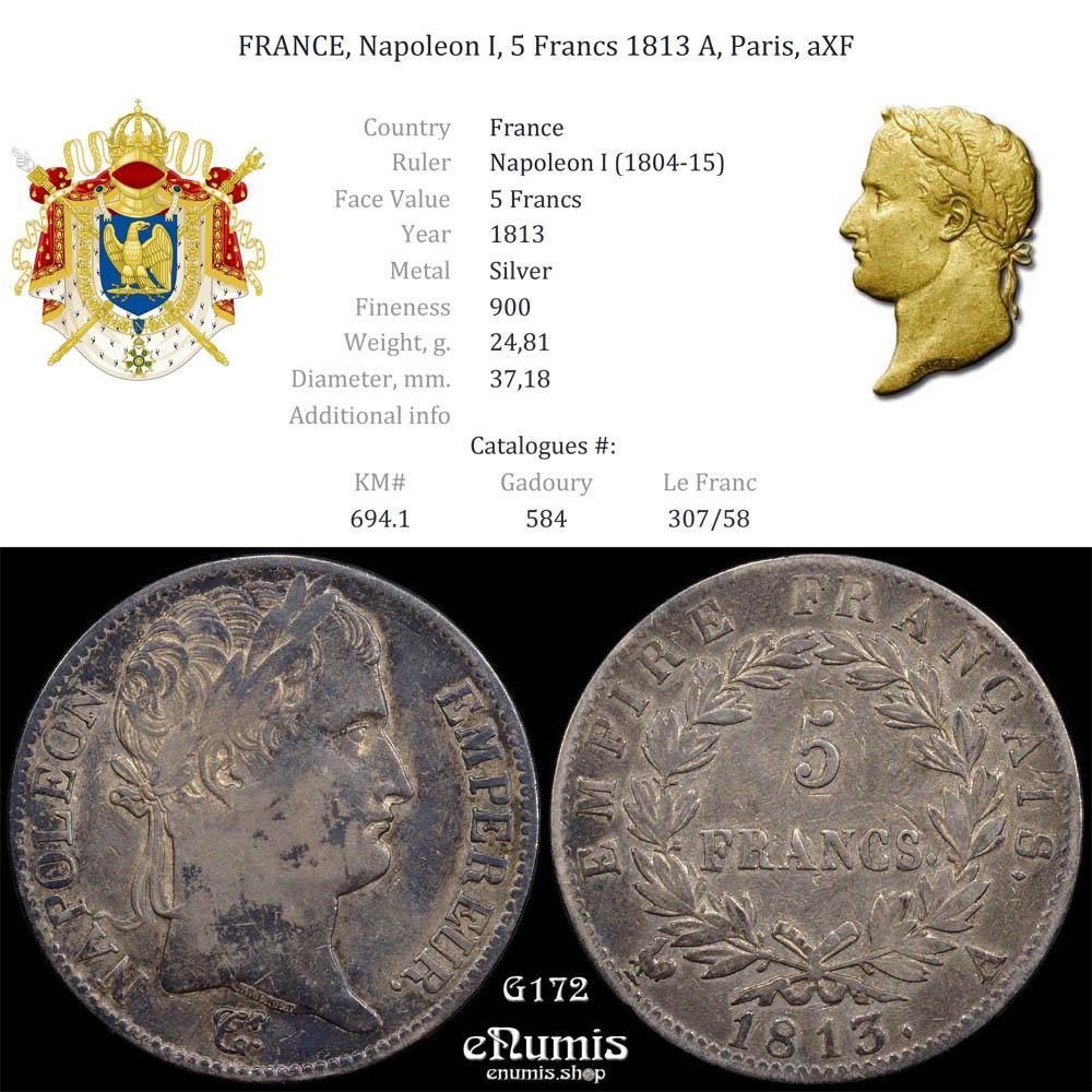 FRANCE, Napoleon I, 5 Francs 1813 A, Paris, aXF