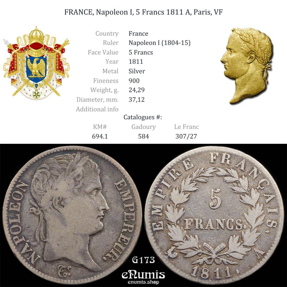 FRANCE, Napoleon I, 5 Francs 1811 A, Paris, VF FRANCE, Napoleon I, 5 Francs 1811 A, Paris, VF