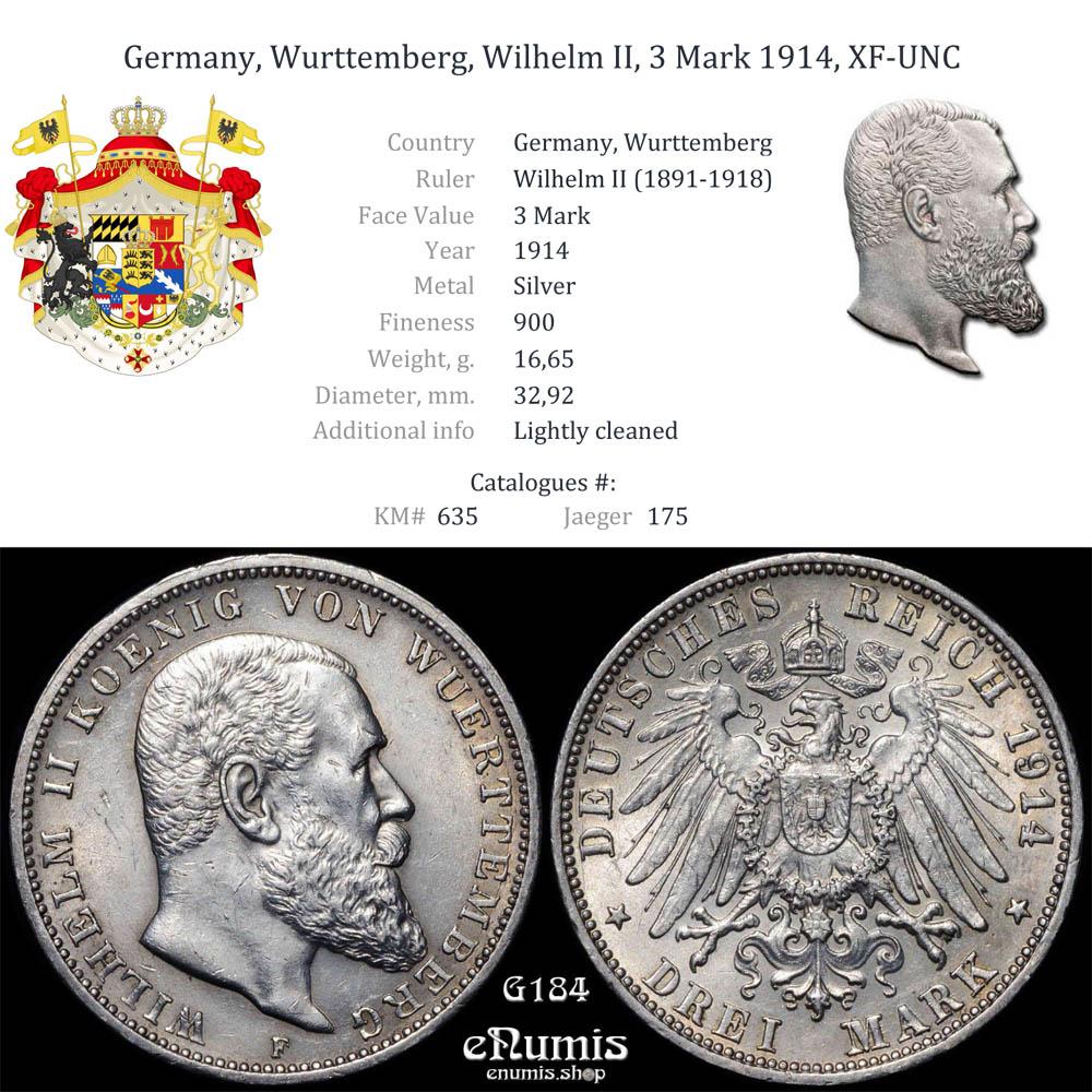 Germany, Wurttemberg, Wilhelm II, 3 Mark 1914, XF-UNC