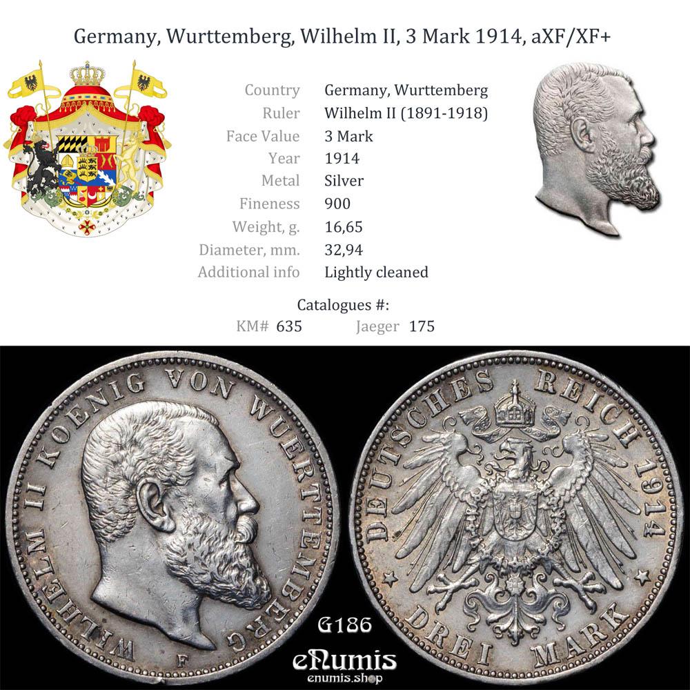 Germany, Wurttemberg, Wilhelm II, 3 Mark 1914, aXF/XF+