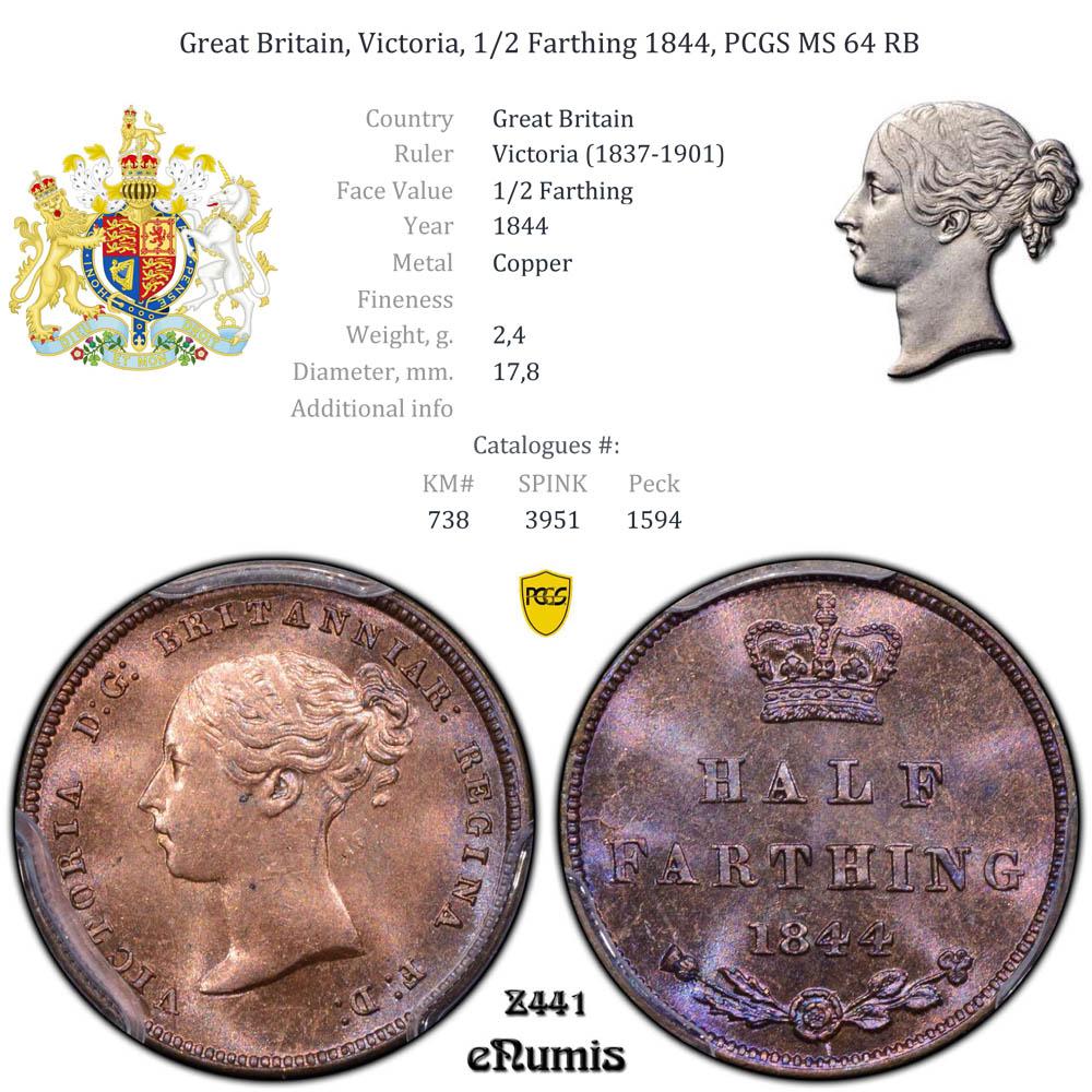 Great Britain, Victoria, 1/2 Farthing 1844, PCGS MS 64 RB