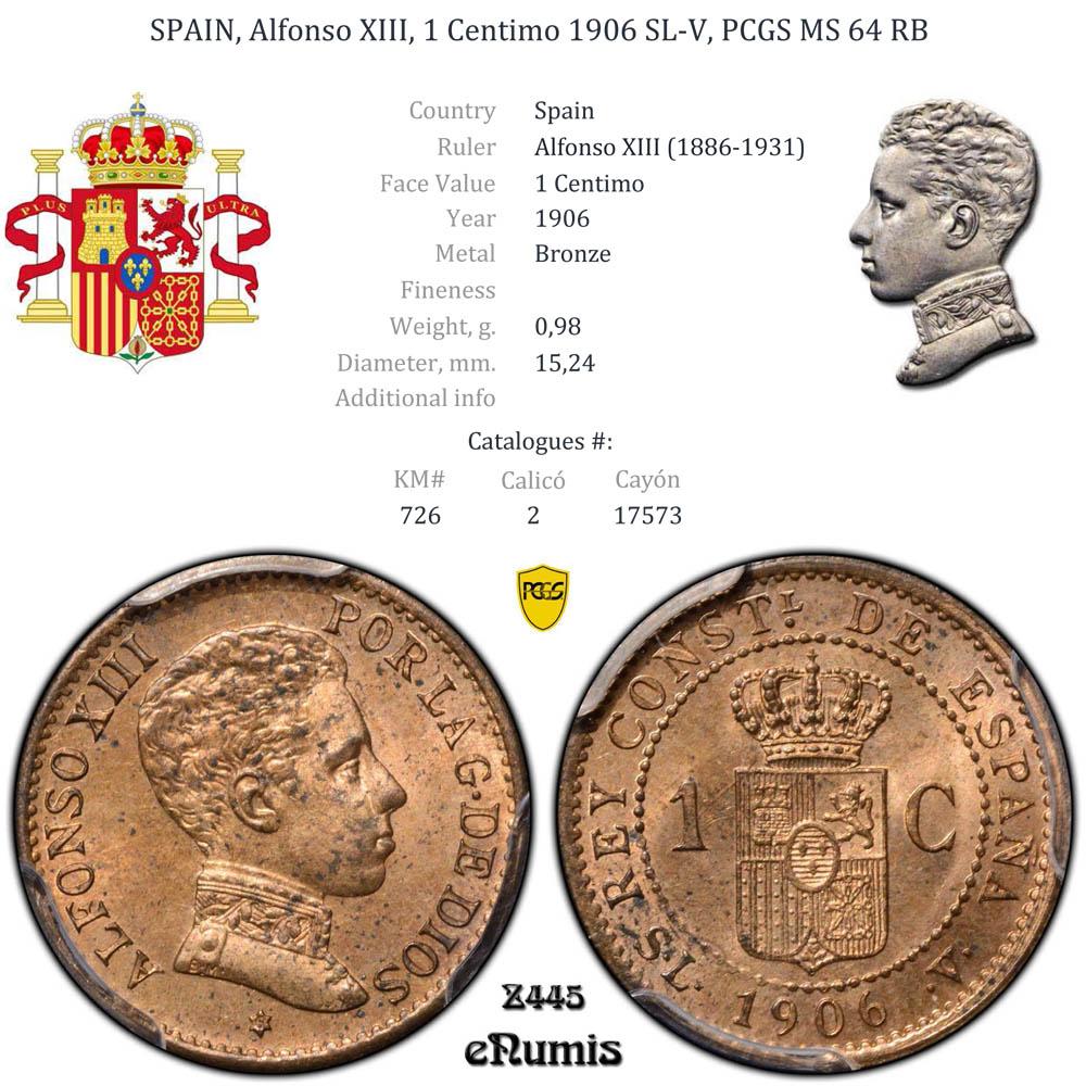 SPAIN, Alfonso XIII, 1 Centimo 1906 SL-V, PCGS MS 64 RB SPAIN, Alfonso XIII, 1 Centimo 1906 SL-V, PCGS MS 64 RB