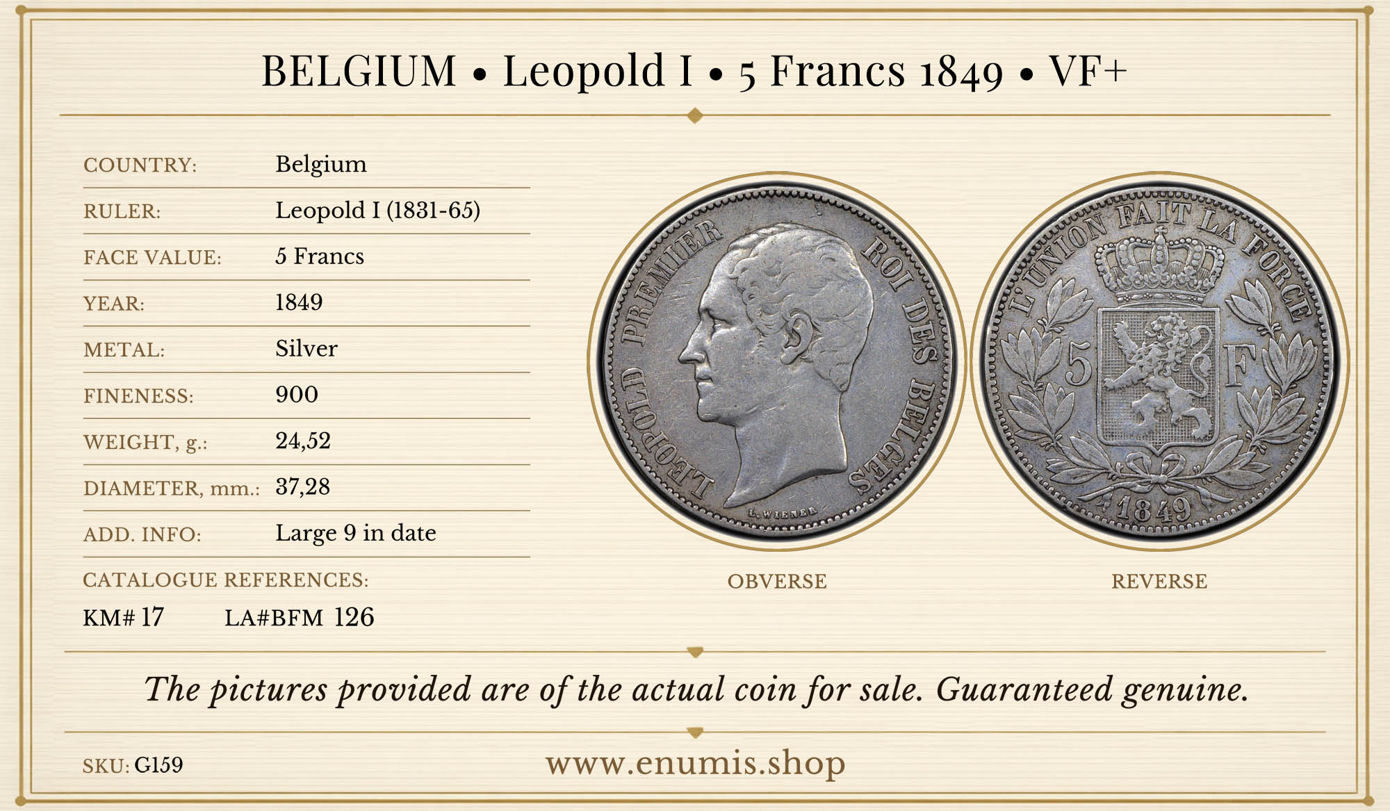 BELGIUM, Leopold I, 5 Francs 1849, VF+ BELGIUM, Leopold I, 5 Francs 1849, VF+