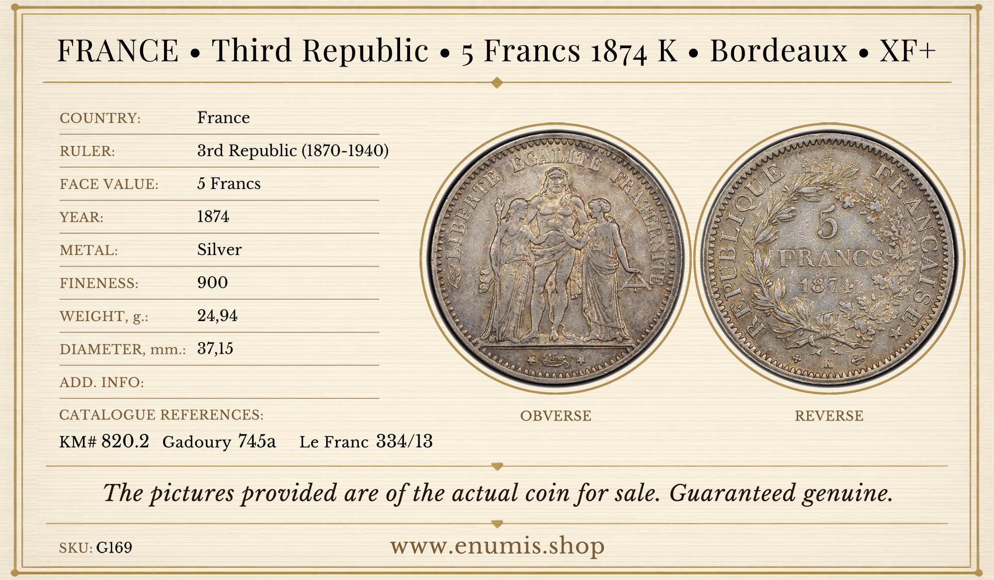 FRANCE, Third Republic, 5 Francs 1874 K, Bordeaux, XF+