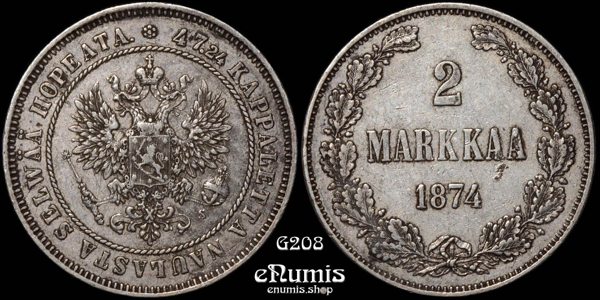 Russia, Finland, Alexander II, 2 Markkaa 1874, VF-XF Russia, Finland, Alexander II, 2 Markkaa 1874, VF-XF