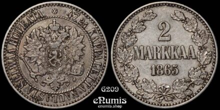 Russia, Finland, Alexander II, 2 Markkaa 1865, VF+