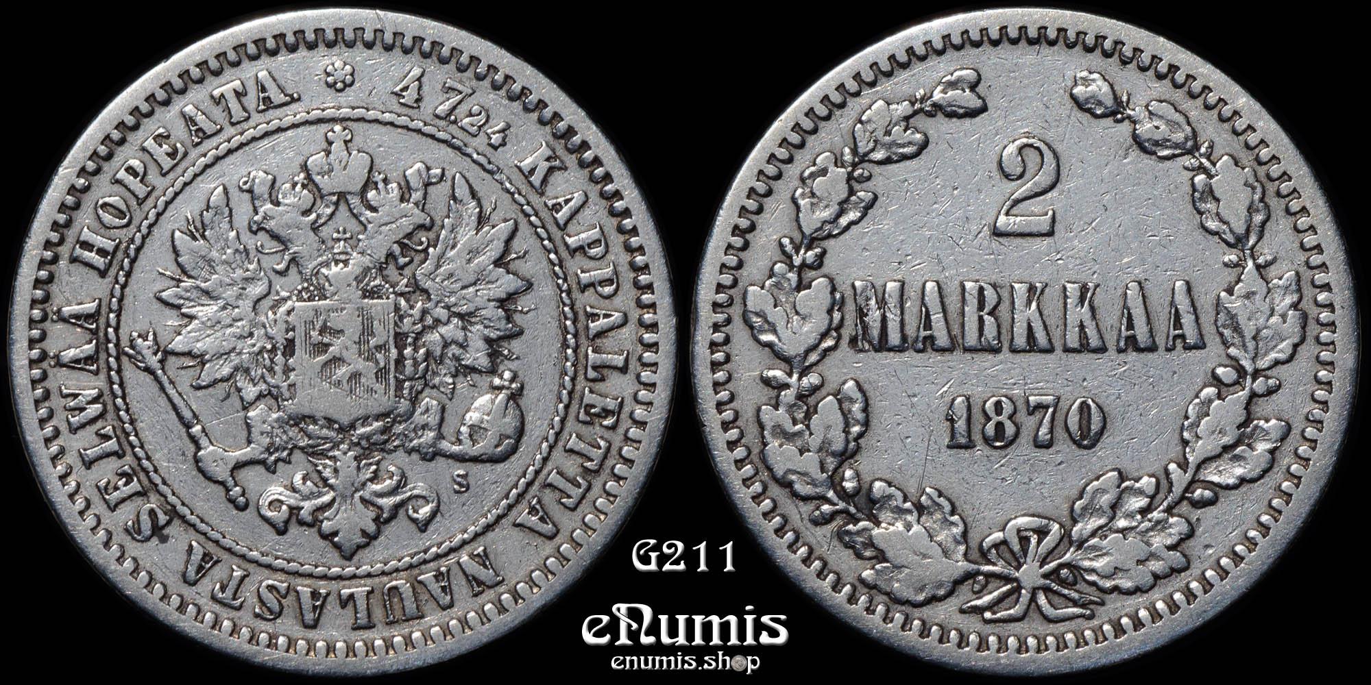 Russia, Finland, Alexander II, 2 Markkaa 1870, VF