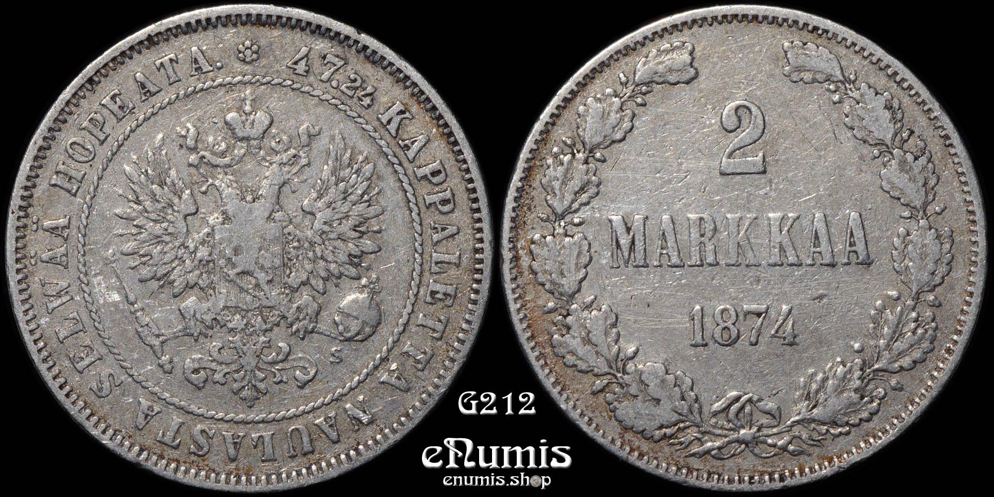 Russia, Finland, Alexander II, 2 Markkaa 1874, aVF