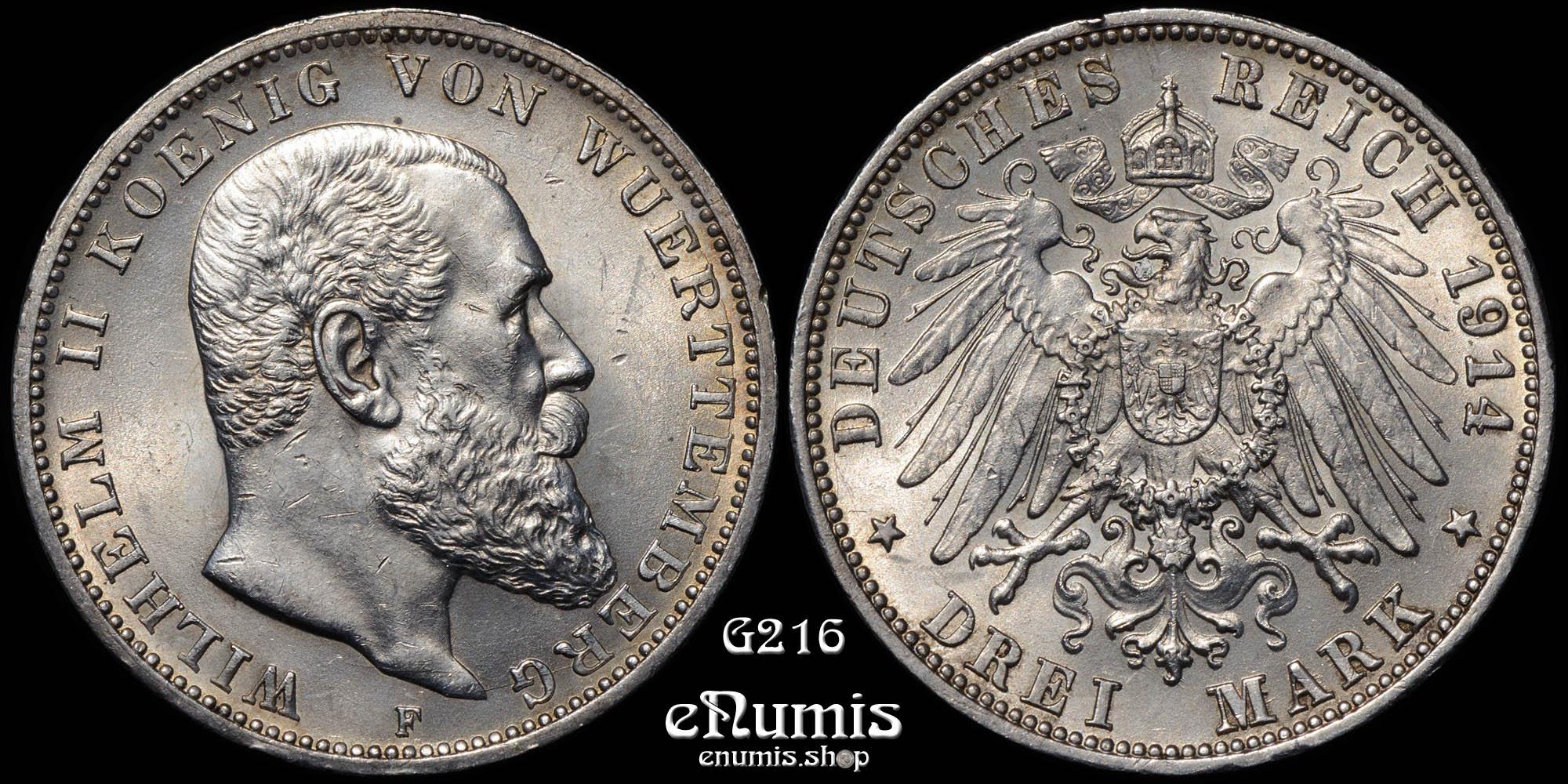 Germany, Wurttemberg, Wilhelm II, 3 Mark 1914, aUNC/UNC Germany, Wurttemberg, Wilhelm II, 3 Mark 1914, aUNC/UNC