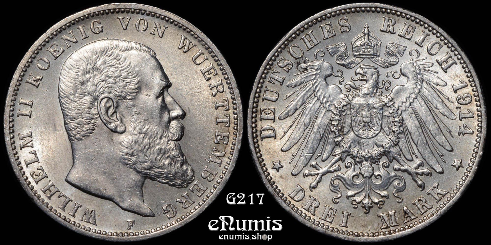 Germany, Wurttemberg, Wilhelm II, 3 Mark 1914, XF-UNC/aUNC