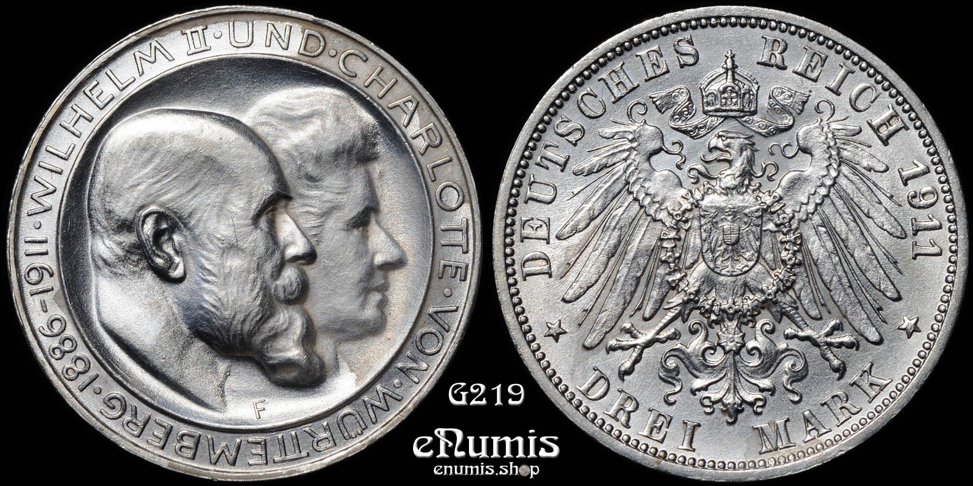 Germany, Wurttemberg, Wilhelm II, 3 Mark 1911, Silver Wedding Anniversary, aUNC Germany, Wurttemberg, Wilhelm II, 3 Mark 1911, Silver Wedding Anniversary, aUNC