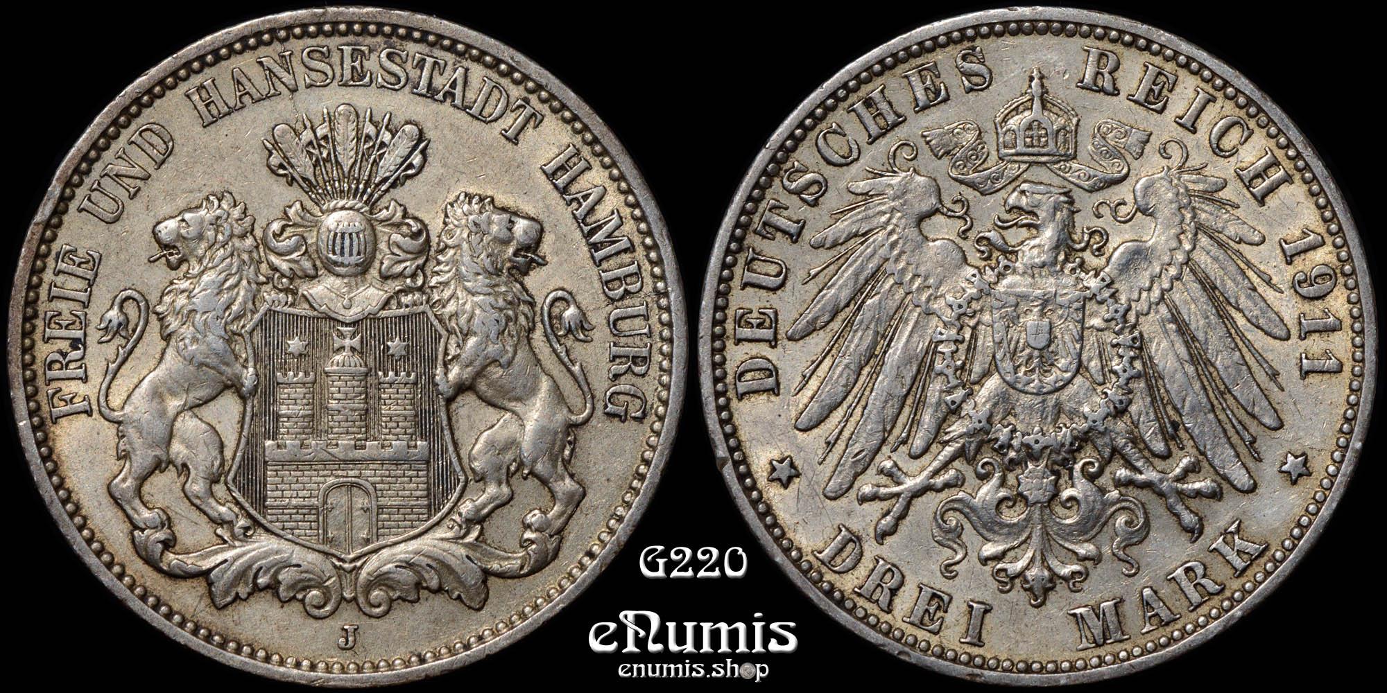 Germany, Hamburg, 3 Mark 1911, XF+